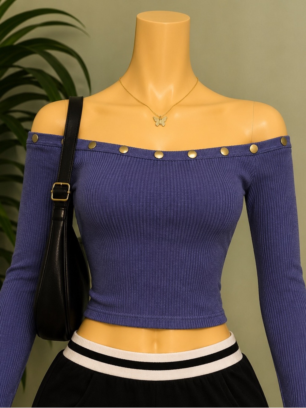 Ribbed Off-the-Shoulder Studded Crop Sweater - Blue